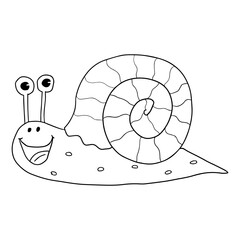 Cartoon doodle linear happy snail isolated on white background. 