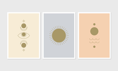 Modern minimalist poster or greeting card set. Tribal style. Collection of 3 illustrations in gold and pastel colors. 