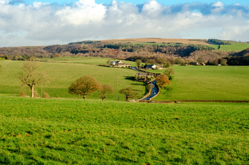 English village Heath Charnock near Anglezarke, Chorley, Adlington and Rivington in green landscape of farms and hills