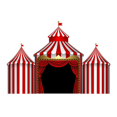 isolated circus stage with red and white stripes and red curtain - obrazy, fototapety, plakaty