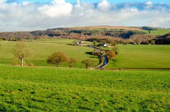 English village Heath Charnock near Anglezarke, Chorley, Adlington and Rivington in green landscape of farms and hills
