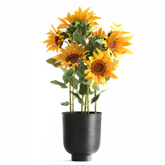 3D illustration of Sunflowers in a rusty flowerpot isolated on white background 