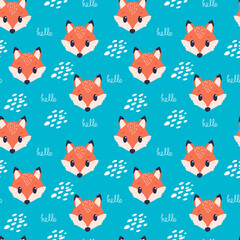 Childish seamless pattern with cartoon fox. With sign hello. blue background. Perfect for kids apparel,fabric, textile, nursery decoration,wrapping paper.
