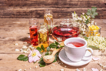 Assorted tea made from flowers. Fresh elderberry, rose hip, and acacia.