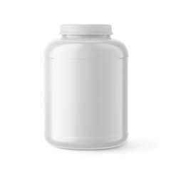 White blank plastic jar mockup isolated on white. Sport, dietary nutrition, medicine pills containter, packaging 3d realistic vector illustration 3d vector realistic illustration