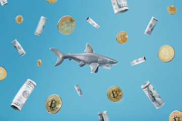A toothy shark is hunting for money around dollars and bitcoins on a blue background