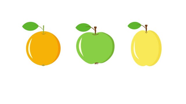Footage animated cartoon illustration of popping fruits green apple orange yellow plum on white background. Healthy plant based diet Vitamins kids health education