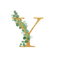Gold Floral Alphabet letter Y with Eucalyptus leaves branch bouquet. A greeting card. Wedding elements. An illustration for printing. Print. Composition with Green Twigs and letter.
