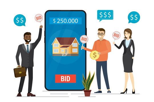 Online Auction On Smartphone Screen. House Is Being Sold Online. Various Business People Holds Bid Boards. Internet Auction, Mobile Trade Technologies.