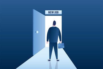 Fototapeta premium Job offer, recruitment process. Job challenge, make decision for new opportunity in work or career development. Businessman after interview, back view.