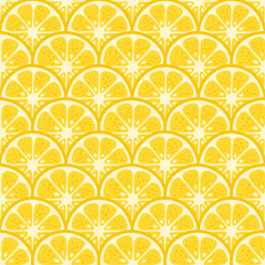 Cute Vector Lemon seamless pattern. Cartoon summer fresh fruit circle slice, sliced lemons textured yellow print . Lemonade repeat texture for wallpaper, background, wrap, tropical fabric design