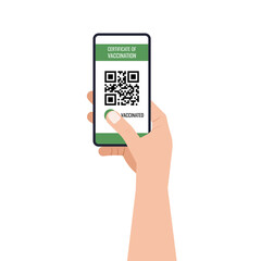Certificate of vaccination on mobile phone screen in hand with qr-code and pass check mark vaccinated. Travel health passport app on-line tracking infection immune. Flat design vector illustration.