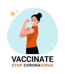 Vaccination against coronavirus. Vector illustration of a young cartoon smiling woman who has been vaccinated and shows her arm with a patch. Isolated on background - obrazy, fototapety, plakaty