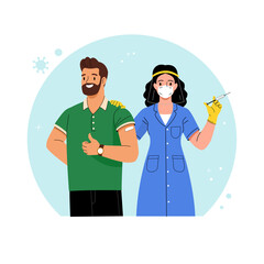 Vaccination against coronavirus. Vector illustration of cartoon doctor with a syringe in her hand and a patient with a patch on his shoulder. Isolated on background