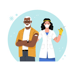 Vaccination against coronavirus. Vector illustration of cartoon caucasian female doctor with a syringe in her hand and senior African-american man with a patch on his shoulder. Isolated on background