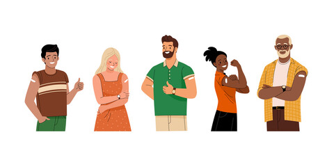 Group of vaccinated people. Vector illustration of diverse cartoon smiling men and women with with a patch on the shoulder. Isolated on white