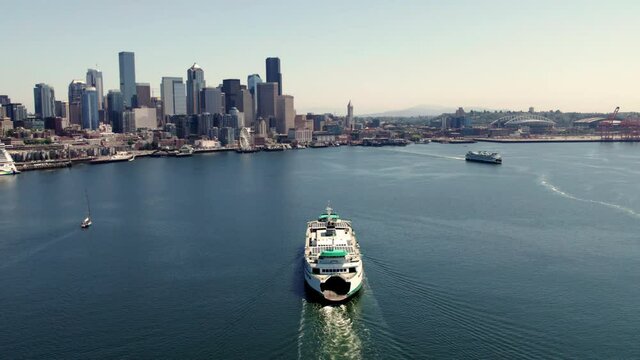 Massive Washington Ferry Boat Traveling Puget Sound Water to Seattle Waterfront