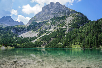 Fototapeta premium view of Seebensee lake and mountains around it