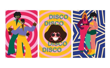 Abstract vector illustrations of disco people characters 70s. Disco party 70s and 80s