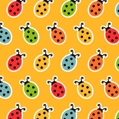 Fototapeta premium Stylized multicolored ladybugs on yellow background, flat vector illustration. Summer pattern. 