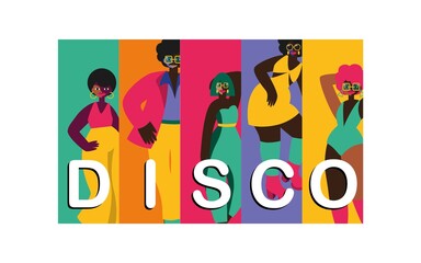 Abstract vector illustrations of disco people characters 70s. Disco party 70s and 80s
