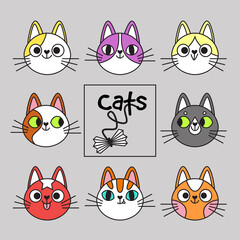 Vector set of cats faces, cats emoticons. Flat faces icons isolated on white. Stickers with cats. Cats faces with funny emotions. Cute cartoon illustration for children. 