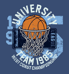 Basketball league university championship team  vintage vector print for t shirt grunge effect in separate layers - 446439581