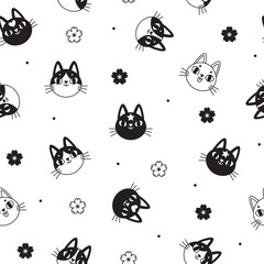 Seamless vector pattern with cute cats faces, sakura flowers and dots on the white background. Black and white pattern with cats faces icons isolated on white. Kids pattern for clothes, wrapping, etc.