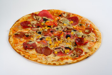 Mixed pizza on a white background.