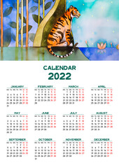 Calendar 2022 with a watercolor illustration. An image from the set of Calendar tiger 2022. The set includes calendars with a common vertical, horizontal and paginated arrangement of the 12 months.