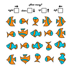 A game for preschool children. Count how many fish swim to the right and how many to the left.