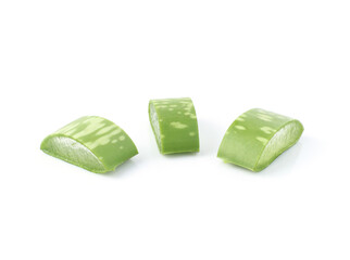 Place aloe vera cut into green slices. It is a herb for health and beauty. Useful in skin care isolated on white background.