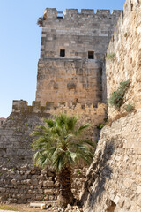 The outer  wall of the Tower of David - ancient citadel and city history museum near the Jaffa Gate...