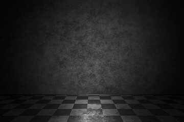 Dark background, part of the interior. Concrete wall with old checkered floor. 3d render.