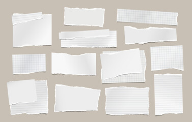 Set of torn white note, notebook paper stripes stuck on grey background for text, advertising. Vector illustration