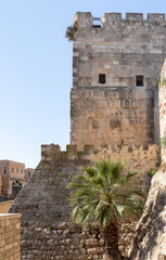 The outer  wall of the Tower of David - ancient citadel and city history museum near the Jaffa Gate...