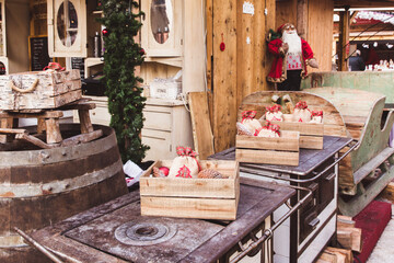 Kiosk with Christmas decorations made in Hungary in the beautiful Christmas Market at St. Stephen's Square in front of the St. Stephen's Basilica in Budapest