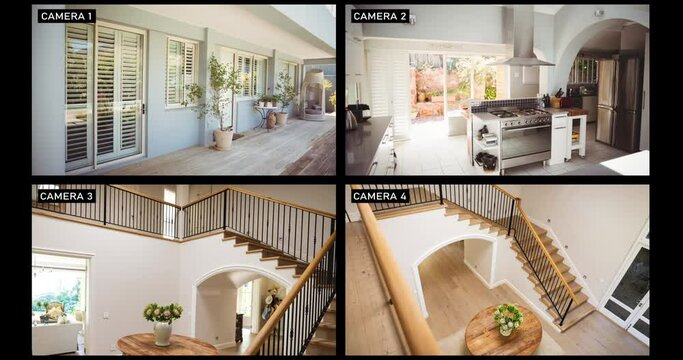 Composite of views from four security cameras in family home, showing stairs, terrace and kitchen