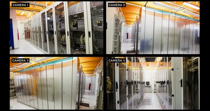 Composite of views from four security cameras in computer server rooms of a business