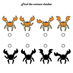 Find the right shadow is an educational game for children. Set with crabs .