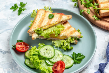 Hot sandwich with ham, cheese and tomatoes served with fresh salad. Pressed and toasted double quick snack