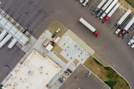 Top View Car Parking Truck Stop On Rest Area On The Highway At Fueling Station