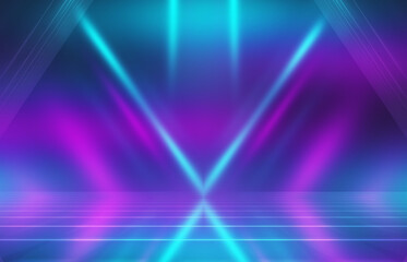 Neon abstract light rays on a dark background. Light effect, laser show, surface reflection. Ultraviolet radiation, nightclub. 3d illustration