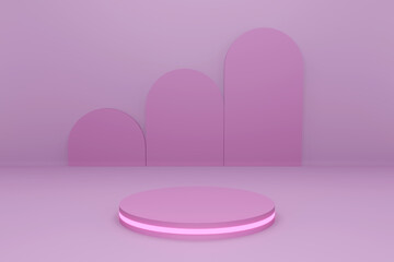 3D podium stage, geometric shape, 2 layers, dark purple color, reflective edges .Product show scene . 3d render.