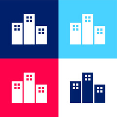 Apartments Buildings blue and red four color minimal icon set