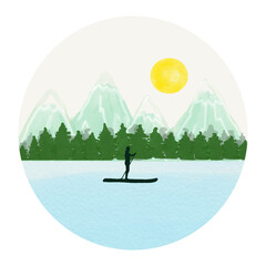 The silhouette of a man on a board with a paddle. Sailing sport. Mountain landscape. Forest. Active recreation. Illustration for invitations, postcards, banners, posters.