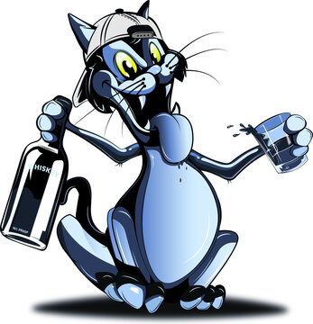 A nice vector illustration of a cat taking a swig of whiskey