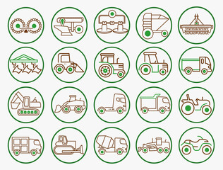 Agriculture equipment machinery icon 
set. Industrial machinery symbols. Attachments for tractors. 