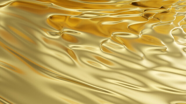 Liquid gold metallic dynamic glossy fluid abstract luxurious background.  Digital 3D illustration. Stock Illustration