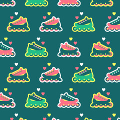 Cute set of stylized multicolored roller skates with hearts. Flat illustration. Template.
